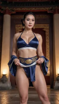 muscular woman, thick milf, happy smirk, loose silk sleeves on elegantly patterned sash, large earrings, high fantasy, very dark lightning, inside Chinese imperial temple, night time, enhanced, close up, muscular legs, strong athlete, wide hips, dreamlike, large necklace, courtyard, moonlight, softcore porn