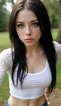 24 year old emo with very sexy, girl wearing snug clothing accentuating her big and sexy bust bcy chest, snug shirt that makes her boobs look very big, blue shiny eyes, (facial cumshot semen around mouth:1.5), (sperm shot on face:1.5), extremely sexual curves, tiny waist, tight waist, microwaist, large bust, wide hips, fertile hips, skinny and lean physique. Sensual Emo female body. Long black hair framing a cute freckled face, very long straight flat hair, freckled face, freckled cheeks, beautiful freckles. Has green colored eyes, white shirt with black lace sleeves, early 2000's emo attire, wearing emo clothing from the early 2000', ripped skinny jeans, sunbeams lighting playing on hair and skin, natural lighting, key light, side light, . early 2000's Myspace profile pic selfie, kissy face selfie, standing up, good posture, location outdoor park with trees in spring, score_10_up, score_9_up, score_8_up, score_7_up., <lora:add-detail-xl:2>, <lora:MJ52:2>, <lora:WildcardX-XL-Detail-Enhancer:2>, <lora:Adjust_SDXL_v3.0:2>, <lora:eGirls_XL_v1:2>