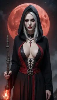 tall, slender, necromancer, very pale skin, large breasts, black hooded ceremonial robe with red cabalistic drawings, hood over her head, deep v-neck ceremonial robe, cleavage, top half of her face shadowed by her hood, glowing red eyes, glowing red sclera, black lipstick, pearly white teeth, sharp smile, extremely long straight shimmering silver hair, reverse pentacle earrings, night sky, large full bloodmoon right behind her, holding a black scepter with blood veins over her head, squeletons rising from the ground around her