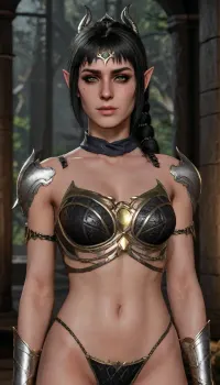 (Masterpice), (HD4K visual), (detailed background), 4K ultra-detailed image, HDR, enhancement, professional photography, detailed face, precise anatomy, (perfect body symmetry), (5 fingers per hand), maximum resolution, NSFW, "A realistic portrait of Shadowheart from Baldur's Gate 3. She is a beautiful young half-elf with fair, cool-toned skin and a faint scar crossing from her nose to her right cheek. She has striking light-green eyes with gold flecks, accentuated by dark, smoky eyeliner. Her straight, jet-black hair is styled in a high ponytail bound by several polished silver rings, with short, blunt-cut bangs. She wears a delicate silver circlet with a dark circular emblem on her forehead. Her attire consists of dark, practical chainmail and leather cleric armor with intricate silver filigree and Sharran symbols. The lighting is moody and cinematic, highlighting her sharp elven ears peeking through her hair", full body view, pussy visible, breasts exposed, Shadowheart, ratatatat74, incase, style, <lora:shadowheart_xl_2-000090:1.4>, <lora:ratatatat74-000050:.8>, <lora:Incase_Style__SDXL:.8>