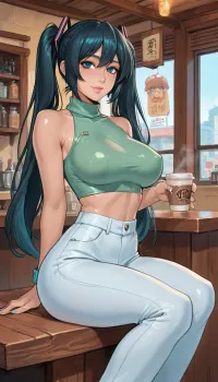 reiq style, (Thick outline:1.4), ((Cartoon Style:1.5)), ((Hentai)), (Hatsune Miku), (dark skin), (dark hair), ((tan lines:1)), sweat, large breasts, eyes looking at viewer, smile, blushing, A woman in her twenties is sitting on the terrace of a café. She looks relaxed. On the table are a cup of coffee and a croissant. She is wearing tight white jeans, a lagoon-green crop top, and a pretty pair of white high-heeled pumps, full-body, wystyle, ratatatat74, lineart, line, art, flat, colors, color, <lora:cartoon_stickers_xl_v1:.5>, <lora:outline_xl_kohaku_delta_spv5x:2>, <lora:Ppolar-P3v1-NbVp10:1.5>, <lora:ratatatat74-000050:1.9>, <lora:lineartSDXL:1.7>