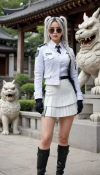 police officer girl, Zhu Yuan, sunglasses, big breasts, long hair, white hair, Twin ponytails, white police jacket, gloves, white pleated mini skirt, wide hips, hip holster, knee pads, lace-up boots, looks at the viewer, full-length portrait, jinzya, komainu, <lora:Jinzya_SDXL_V1:.8>