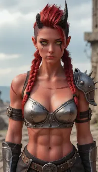 (Masterpice), (HD4K visual), (detailed background), 4K ultra-detailed image, HDR, enhancement, professional photography, detailed face, precise anatomy, (perfect body symmetry), (5 fingers per hand), maximum resolution, NSFW, (("portrait of Karlach from Baldur's Gate 3, a tall muscular female Zariel Tiefling with bright vermilion skin and glowing embers in her chest, She has one long curved black horn on her left and a broken jagged horn on her right of her head, Her hair is dark with red highlights, undercut style with braids and metal discs. Her chest is glowing with infernal light from an engine within, steam venting from her shoulders. She is wearing weathered leather barbarian armor, scarred red skin, yellow slit-pupil eyes, kind but fierce expression)), <lora:karlach_xl_rev2_1-000072:2>
