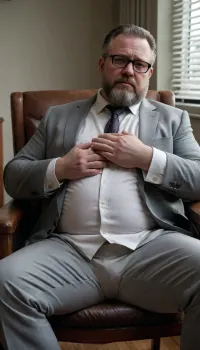 A bearded, overweight man in his 50s or 60s with glasses sits in a dark armchair. He is wearing a grey suit jacket over an unbuttoned white dress shirt, revealing his chest and white briefs. His hands are resting on his chest and lap. The background features vertical blinds., <lora:MALE_HANDS__BY_STX-000010:.8>