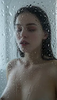 ziprealism, photorealistic cinematic view through a heavily steamed and heavily frosted glass shower door, extremely dense condensation and thick water droplets covering the entire glass including the face area, very strong diffusion and heavy blur, the nude woman inside is visible only as a very soft, faint and heavily blurred silhouette, her face is completely obscured and heavily blurred by thick condensation and water droplets, body shape and curves are barely noticeable, soft natural daylight from inside the shower, cool gentle natural lighting, dreamy misty atmosphere, very soft focus, strong bokeh, shallow depth of field, mysterious and sensual mood, water streaks and dense droplets running down the glass especially over the face, ultra realistic, film grain, 8k