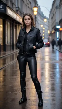 Une jeune femme la vingtaine marche en toute confiance dans une rue pluvieuse de la ville, vêtue d'une tenue rappelant celle d'un agent des forces de l'ordre. Sa tenue comprend une blanche à manches retroussées sous un, lisse, gilet tactique orné de diverses poches et badges, et son pantalon en cuir noir est moulant et brillant. Elle tient une arme à feu dans sa main droite, Une attitude suggestive mais pas agressive. Sa posture est affirmée, suggérant disponibilité et détermination. Le cadre urbain animé offre une toile de fond de grands immeubles avec des lampadaires allumés, feux de circulation, et véhicules, noir comprenant une voiture de police avec des feux clignotants partiellement visibles en arrière-plan. La surface de la rue brille de reflets, indiquant des pluies récentes. global, La scène traduit une combinaison de action et anticipation, dans un environnement urbain élégant