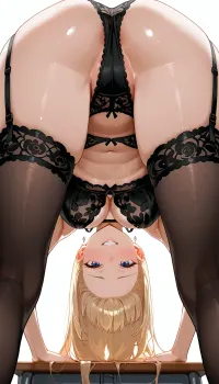 shot from behind, Asian woman wearing black lingerie and garter belt, she is bending over, both hands on desk, looking back at viewer, smiling and shy face, long loose hair, slim and slender body, legs wide spread