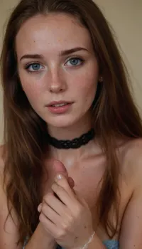 19 yo gorgeous brunette splendid French babe Givin a handjob to 1man, holding a penis in her hands. Face is covered with cum. freckles, very long hair, big natural boobs, slim body, slender waist, very hairy pussy, clear blue eyes. horny face, Make-up, lace choker, earrings. Soft light.