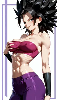 ((Caulifla from Dragon Ball Super)), front view, side view, perfect medium breasts, fondling breasts, (extremely skinny:1.2), (skinny abs:.9), sexy expression, licking lips, flat_shading, cel_shading