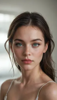 A detailed close-up portrait photograph of a beautiful 20 year old woman with striking green eyes. She is wearing distinct 'foxy eyes' makeup, featuring bold, sharply winged black eyeliner on the upper lids that elongates her almond-shaped eyes. Her skin is clear, with prominent natural freckles scattered across her nose and cheeks. She has dense, natural dark eyebrows and dark, messy, wave, black hair, messily falling around her face. Her lips are natural and light pink, and her expression is calm, glancing upwards. Realistic, high-definition photography style, with soft, directional studio lighting. hyperrealistic, cinematic lighting, 8k resolution.