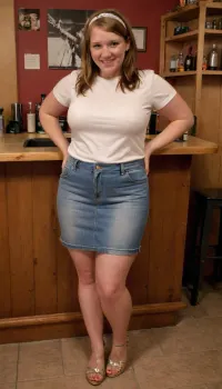 a candid amateur photo, ((full body view)), cute pose, casual pose, (fully clothed), Trashy obese 50 year old trailer park whore, standing at a bar, fat rolls, cellulite, ((freckles)), stretch marks, saggy boobs, wide hips, big ass, blonde ponytail, hair band, smiling, braces, big thighs, standing, ((wearing a denim mini skirt)), wearing high heels, (((wearing a white t-shirt top))), chubby, (bbw), venus, body, big, breasts, ass, <lora:Chubby BBW - XL:2>, <lora:definitivesarah:1>