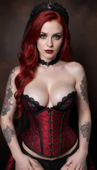 Beautiful pale-skinned woman with striking long vibrant red hair, wearing an ornate black lace veil and headdress covering part of her head and flowing down her back. She has intense dark eye makeup with heavy black eyeliner and dark lipstick. Her body is covered in intricate black tattoos on arms, chest, hands and fingers. She wears a highly detailed red and black gothic corset lingerie set with black lace patterns, pushing up her very large breasts. The corset is tightly laced, paired with matching red and black garter straps and thong. She poses seductively, hands placed on her upper chest, fingers with black nail polish and rings, looking directly at the viewer with a confident, sultry expression. Dramatic studio lighting, high contrast, sharp details, realistic skin texture, photorealistic, 8k, masterpiece.