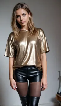 29 year old, darkblond, oversized tshirt, (oversized shiny metallic tshirt), loose tshirt, black leather shorts with black latex tights