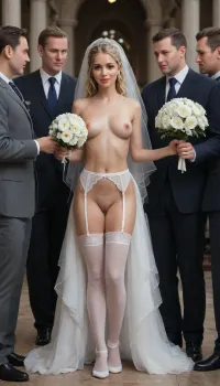 1 young adult girl, 2 men, full portrait of a woman, ((European princess Little Caprice 18 years old)), ((bride)), blonde hair, light skin, (white curls, hair, blonde:1.2), ((gymnast body)), cheeky smile, tits in the hands of men, topless, no panties, naked pussy, ((highly detailed skin)), high quality, detailed skin texture, wedding bouquet in hands, (highly detailed hair), ((skinny body)), ((slim body)), (realistic), soft focus, insanely detailed, top quality, ((beautiful wedding attire, white garter belt, wedding, topless, white stockings, frilly, ribbon stockings)), (wide hips), no skirt, beautiful pussy, white veil, white flowers in hands, big ribbons on stockings, sexy smile, (extreme massive oversized gigantic bimbo lips:1.4), white wedding bouquet in hands, wedding, groom holds the bride's tit with his hand, pastor holds the bride's tit with his hand