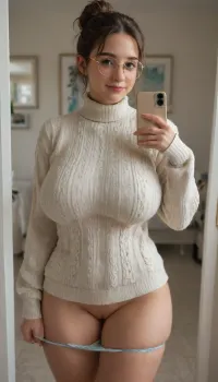 Nerdy girl, nerdy round gold rim glasses, round face, bun hairstyle, long fringes, messy hair, bangs, very thin sweater, tight sweater, extremely large breasts, super uber busty, huge bust, shy smile, panty pull, thick thighs, extreme details, selfie in the mirror, highly details, maximum details