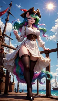 (Princess celestia), MILF, (((pony))), developing hair, makeup, smile, showing teeth, perfect tail, rosy cheeks, furry, anthro, hooves horse, hooves on the feet, Anfisa, sun in sky, wind, big breasts, erect nipples under clothing, pirate sexy clothes, Pirate hat, black stockings, stands on the pier, ship, looking away, view from below, side view, <lora:Pony_MLP_v1.8SDXL:.8>, <lora:Anfisa_Fox_Riot-XL:1.9>, <lora:LCMTurboMix_Euler_A_fix:1.3>, <lora:princess_xl_v2:1.3>