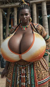 (an African tribe only of absolutely black skinned female tribal women:1.95), (very overflowing gigantic massive very saggy breasts cleavage:1.95), Tribal village square, African tribal updo hairstyle, rich decorated African traditional tribal jewelry, (colorful African traditional tribal fur clothes:1.55), (very gigantic massive overflowing colorful low cut cleavage:1.05), presenting bust, wide hips, small waist, very hairy pussy, (fully clothed, no nudity:2), loincloth, colorful kanga, colorful gomesi, colorful kitenge, colorful sarong, proud, arrogant, slutty, sloppy