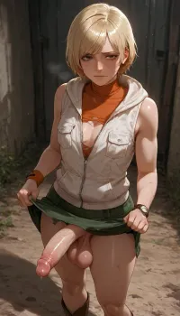 Heather Mason from Silent Hill 3, tomboy, solo, green pencil mini-skirt, (lifted skirt), torn orange sleeveless turtleneck, white hooded sleeveless vest with four front pockets, tall brown boots, a digital wristwatch, orange wristbands on each arm, white 20 years old woman, futanari, (flat chest:1.1), gigantic nipples, (exposed chest), small penis, round testicles, exposed penis, dyed blonde hair chin-length and layered with side swept bangs covering right eye, freckles and blemishes can be seen on her face, arms, and legs, skin around her eyes pink and reddish, dark eye bags, (exhausted weary tired look), (covered with dirt and blood)