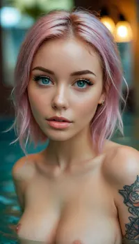Full body image, viewer is outside, POV of a peeping-tom looking through a window from outside at a cute, cute face, pretty face, woman, 18 years old, European, Russian, slutty, fitness model, short, great figure, angel face, toned ass, lascivious face, makeup, pink hair, light blue color eyes, long haircut, many tattoos, suicide girl, no skirt, no panties, massive natural boobs, (tattoos on massive tits), socks, spread legs, masterpiece, high detail, good quality, sexy pose, detailed face, perfect figure, perfect pussy, inside the house.Her slutty expression, With her hand in her boobs, she appears ready to fuck expression in the nighttime setting, illuminated by warm, golden lamp light. Her symmetrical eyes, perfect teeth, and sexy mouth create an alluring look., green, eyes, blue, brown, perfecteyes, (in shallow water:1.4), <lora:MJ52:1.2>, <lora:PerfectEyesXL:1.2>, <lora:attractive_notrigger:.6>