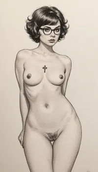 detailed pencil drawing with clean lines and meticulous shading, Naked Velma Dinkley, sidelight, short curly brown hair, glasses with black rim, cross eyes, (((pussy piercings))), simple background, erotic, hot, sexy, dynamic sexy pose, blurry background, 1girl, after sex pussy, front view, тlineart, (((monochrome))), blurry white background, drawing, by, NTY, jsbw, style, v0ng44g, sk3tch, .8>, <lora:JasmineBWXLDoguMini:.7>, <lora:sketch_it:1.4>