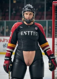 A woman over 50 wearing a hockey goalkeeper's uniform, with a goalkeeper's mask, but with a naked ass and a large, hanging breast. Photo from a match. Very unshaven vagina, thick ass, many women