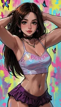 ((Melkor mancin meet markgavatino style)), ((symmetric perfect brown eyes)), look at viewer, purple iridescent portrait, (background psychedelic abstract calligraphic ink strokes), muscular small petite, short height, (((belly piercing))), ((Asian girlfriend costume wrap top micro skirt hem, iridescent colors)), (portrait pose arched body:1.4), ((wet plump ass, cleavage)), glowing purple flowers butterflies, (reiq style), Score_9, score_8_up, score_7_up, masterpiece, (1woman, 8k resolution, ultra-detailed), solo, ratatatat74, super thick long hair blowing in the wind, hair clips bangles, bright lipstick, bright eyes, wet thighs, butterflies, necklace choker, subtle small smile, soaking wet lace, <lora:LCMTurboMix_Euler_A_fix:1.1>, <lora:ratatatat74-000050:1.1>, <lora:EnvyAnimeDigitalPaintingXL01:1.1>, <lora:SDXLSamDoesArts:1.1>, ((female cock penis bulge))