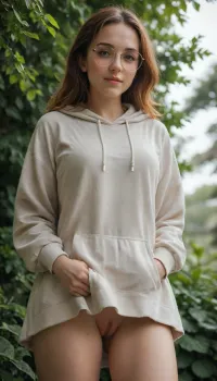 score_9, score_8_up, score_7_up, Scandinavian girl, 18 years, hot girl, sexy girl, fit girl, perfectly big round tits, beautiful brown eyes, small round face, thin nose, shoulder length hair, auburn hair, glasses, freckles, blushing, long hoodie, no pants, no skirt, standing, exposed pussy, bare pussy, (upskirt View), smiling, highly detailed, best quality, focus on her pussy, View from below, orgasm, In garden, beautiful natural lighting, natural photo, realistic image, high contrast