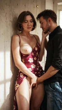 (retrofuturistic:1), (retrofuturism:1), round face, lips, plump, pawg, venus, body, small breasts, ass, (bokeh:1), ((brunette milf 70 year old small saggy boobs innocent looking housewife standing against wall in clothes room)), ((very small boobs:1.6)), ((curvy body)), light casual summer dress with floral print, (((one breast falling out))), cleavage, (man violently covers her mouth+gropes her exposed saggy breast+presses her against wall:1.2), (looking at man:1.2), perfect hands, perfect fingers, perfect anatomy, realistic skin, pores on skin freckles moles spots wrinkles, ((demonstrates her pussy, fingering masturbation)), (tall motherly body), fertile body, (small breasts), (ovulating), (natural brunette bob cut hair), Low-key, lighting, Style, dim, low, dramatic, partially, covered, in, shadow, backlight, style, hair, light, voyeuristic, <lora:Chubby BBW - XL:.4>, <lora:hrg:.5>