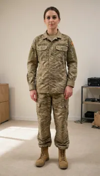 A VERY HIGH QUALITY, SUPER REALISTIC, UNREAL ENGINE, PHOTO-REALISM FULL BODY PICTURE, UHD 8K, ((Wide angle shot, 35mm lens)), Beverly Aadland, WEARING FULL USA 2026 ARMY SOLDIER'S DESERT SUIT, STANDING, HIS HANDS BESIDE HER BODY, 0 DEGREE ANGLE BODY SHOT, FULL SYMMETRY FRONTAL VIEW, ATTENTION POSE, FULL BODY PLEASE, LEGS ARE SHOWEN, FRONT POSE, EYE LEVEL, WHITE BACKGROUND, STUDIO COLD LIGHTING, FULL BODY LENGTH, WIDE PICTURE, portrait, <lora:real-humans-PublicPrompts:.8>, NEGATIVE_HANDS, <lora:Real_People-SDXL:.8>, <lora:boringRealism_primaryV4:.8>, ukruniform22, <lora:UkrLoraXL-000004:.8>