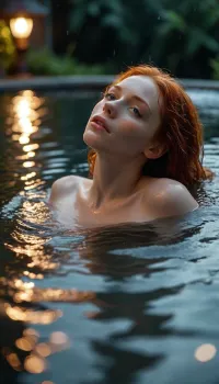 low angle. full shot. macrolens at the water's edge, 25 year old redhead woman, (((pale))), woman in a jacuzzi deep in the water, loud moaning, orgasm. only cute small ass and tits peeking out of the water, lying on her side. very wet skin. darkest night, detailxl, <lora:MJ52:1>