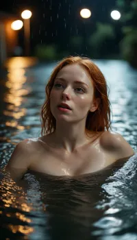 low angle. full shot. macrolens at the water's edge, 25 year old redhead woman, (((pale))), woman in a jacuzzi deep in the water, loud moaning, orgasm. only cute small ass and tits peeking out of the water, lying on her side. very wet skin. darkest night, detailxl, <lora:MJ52:1>