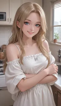 1girl, solo, crossed arms, looking at viewer, (smile:2), in kitchen, blonde hair, long hair, blue eyes, eyeliner, mascara, white dress, white open jacket, off shoulder, sleeveless, <lora:outline_xl_kohaku_delta_spv5x:1.3>, <lora:NEOTOKIOXL_0.2_RC:.7>, <lora:Ppolar-P3v1-NbVp10:.7>, <lora:cartoon_stickers_xl_v1:.5>