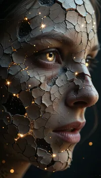 An extreme close-up profile of a person's face, rendered in a highly textured, almost geological style. The skin appears cracked and dry, like baked earth, with intricate fissure patterns covering the surface. Embedded within these cracks and across the entire face are numerous tiny, glittering golden sparks, resembling stars or cosmic dust. The eye is prominent, with a reflective surface that catches a bright, warm light, creating a luminous glow. The lighting is dramatic, with strong highlights and deep shadows that emphasize the texture and form of the face. The overall aesthetic is surreal, ethereal, and somewhat melancholic.

Style, Dark fantasy, cosmic horror, photorealistic, hyperdetailed, cinematic lighting.
Quality, Masterpiece, best quality, 8k, ultra-detailed, intricate details, sharp focus, volumetric lighting, dramatic contrast.