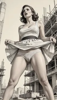 Seductive mother at the construction site — 1950s satirical illustration