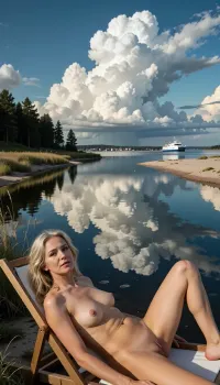 A highly detailed photorealistic cinematic landscape of a quiet northern European coastal lagoon under dramatic summer skies, viewed in an ultra wide panoramic composition, calm mirror-like water perfectly reflecting towering white cumulus clouds and deep blue sky, the scene almost surreal in its symmetry and stillness, soft golden sunlight illuminating pale sandbanks and distant shoreline, rich natural colors with subtle film noir undertones, highly detailed water texture with gentle ripples near the edges, reflections rendered with extreme realism, atmospheric depth stretching toward the horizon, On the left side dense dark green forest lines the shore, wild grasses and reeds growing naturally along the curved edge of the lagoon, untouched and peaceful, in the far distance a white ferry ship slowly crosses the horizon, tiny compared to the immense open sky, small coastal town barely visible far away, subtle haze softening distant details while the foreground remains hyper sharp, The clouds dominate the composition, gigantic sculptural formations with dramatic light and shadow transitions, every cloud edge rendered with intricate realism, soft gradients and reflected highlights mirrored flawlessly in the water below, realistic atmospheric perspective, cinematic wide-angle photography aesthetic, analog 35mm film look, subtle film grain, natural color grading, masterpiece composition, highly detailed textures in sand, vegetation and water surfaces, emotionally calm yet grand atmosphere, maximum realism, ultra realistic lighting, Nordic coastal serenity, quiet cinematic mood, no people visible, only nature, sky and reflection creating a timeless almost dreamlike landscape scene, in foreground a ultra photorealistic full body view, of a nude 50-year-old androgynous woman, entire body in frame, She is lying on an elegant wooden lounger, sunbathing in warm golden evening sunlight, slim skinny physique with narrow hips and a firm butt, elegant mature feminine face with soft androgynous features, (detailed flat chested:1.9), tiny tits with hard nipples, feet, fair skin with realistic pores and natural texture, high forehead with gentle horizontal expression lines, fine crow’s feet around the eyes, delicate smile wrinkles and realistic nasolabial folds, light blue-gray almond-shaped eyes with glossy reflections and emotional depth, ultra detailed natural eyelashes, thin light-blonde eyebrows with individual visible hairs, transparent round eyeglasses with rose-gold metallic temples and realistic reflections, slender straight nose with softly rounded tip, naturally shaped lips with soft pink coloration and a joyful sensual smile, blue circular stud earrings with metallic silver setting, blonde hair with warm honey highlights loosely tied back, soft flyaway strands illuminated by cinematic backlight