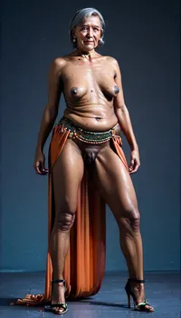 (a full body view), With 4 m of setback, (A plump 70-year-old grandmother:1.7), ((sexy belly dance)), ((sexy belly dance outfit)), with an elegant bob cut hair, high heels, belts, facing the viewer, (her two small sagging breasts with long, dark nipples:1.7), muscular legs, head bowed, the old woman shows her shaved pubic area, (very long inner labia with a large clitoris:1.6), (looking outwards), 1.6, cleavage, having deep vaginal penetration with a man with a very big penis, she trembles and cries out in pleasure, she looks at the camera