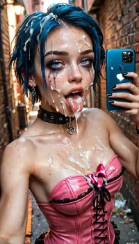 Iphone selfie, mirror selfie, in alley way, subdued light, tight and fit 30 years old, goth white girl, blue tomboy hair, covered in cum, half naked, pink corset, very slim girl, petite, sweaty, (cumshot, facial, ruined makeup, cum on mouth, cum on tits, lots of cum on blue tomboy hair, cum on corset, cum covered body, cum on hair, mouthful of cum, cum on legs, mouth open), cumslut, whore for cum, cum on face, cum on corset large tits, squeeze her tits with hands, chocker, high quality, Best quality, realistic, athletic body, slim figure, slim waist, small waist, fit girl, Looking at the camera, slutty face, slutty look, very petite girl, very detailed, blowbang, bukake, facialized, superfacialized, tongue, out, ahegao, drool, <lora:facialized:1.8>, <lora:ahegao_sdxl_v4:.8>