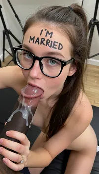 High angle View from face, in casting room, cameras on tripods, "I'M MARRIED", roughly handwritten in black lipstick on her forehead.18yo wife, very deep deepthroat, cock entirely inside her mouth, black man with fat cock, lot of cum dripping down very wet cock, wedding ring with a diamond, freshman, french wife, very cute face, blushing cheeks, (clear brunette slim hair), (very long straight high ponytail haircut, she's holding her hair), pale skin, thick black frame glasses, big clear blue eyes, freckles on her face, subtile facial expression wrinkles, high cheek bones, fit body, slim waist, slim hips, small round ass, fit thighs, naked, petite, kneeling, w sitting position, looking up at viewer.