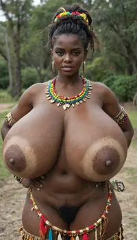 (an African tribe only of absolutely black skinned female African tribal women:1.75), (very overflowing gigantic massive very extreme saggy breasts:1.85), very small very dark areolae, very small nipples, proud, arrogant, presenting swaying bosom, Tribal village square, (African tribal updo hairstyle:1.25), (rich decorated African traditional tribal jewelry:1.25), (colorful African traditional tribal fur clothes:1.25), wide hips, small waist, (very hairy pussy:1.45), colorful kanga, colorful gomesi, colorful kitenge, very gigantic overflowing colorful low cut cleavage