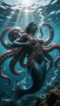 An underwater action shot from a deep low-angle looking straight up at the sunny surface. A beautiful fantasy siren creature with a gorgeous dark-skinned female upper body and a powerful fish tail is locked in an intense, fluid struggle with a colossal giant octopus. The octopus is massive, wrapping its huge, thick tentacles around her feminine torso and breasts. She has a classic statuesque female figure, graceful and unadorned. Her regular webbed hands push against the tentacles. Countless bubbles and water currents fill the frame. Bright sunlight streaks down from above, creating beautiful light rays, (caustics), that illuminate their forms. Cinematic lighting, highly detailed anatomy, photorealistic, 8k resolution.