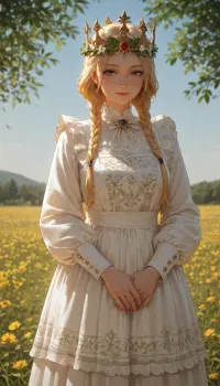 A realistic, full-body portrait of a young Swedish woman from the movie Midsommar, standing in a sun-drenched green meadow under a bright blue sky. She is wearing a traditional Scandinavian folkdräkt style dress made of clean, crisp white linen with long billowing sleeves and a matching apron. The chest, collar, and sleeve cuffs are highly detailed with colorful hand-stitched Nordic embroidery and small red and blue geometric rune symbols. Her blonde hair is intricately styled into tight milkmaid braids wrapped around her head, serving as the base for a large, thick crown overflowing with realistic, vibrant wildflowers, green leaves, and yellow buttercups. She has a completely natural, bare face with no makeup, a slight serene smile, and clear, sun-kissed skin. The lighting is intense, bright, overexposed daylight, capturing an eerie, idyllic cinematic aesthetic with sharp focus on the fabric textures.