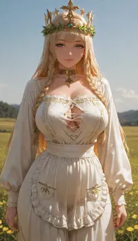 A realistic, full-body portrait of a young Swedish woman from the movie Midsommar, standing in a sun-drenched green meadow under a bright blue sky. She is wearing a traditional Scandinavian folkdräkt style dress made of clean, crisp white linen with long billowing sleeves and a matching apron. The chest, collar, and sleeve cuffs are highly detailed with colorful hand-stitched Nordic embroidery and small red and blue geometric rune symbols. Her blonde hair is intricately styled into tight milkmaid braids wrapped around her head, serving as the base for a large, thick crown overflowing with realistic, vibrant wildflowers, green leaves, and yellow buttercups. She has a completely natural, bare face with no makeup, a slight serene smile, and clear, sun-kissed skin. The lighting is intense, bright, overexposed daylight, capturing an eerie, idyllic cinematic aesthetic with sharp focus on the fabric textures. Dress torn open exposing her sexy athletic body, ((dress torn open)), ((sexy athletic body))