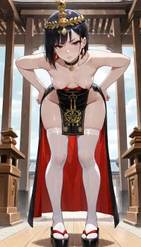 (((Offended, She demands help, orders, and waits for you to do her bidding, standing, He stands in front, bowing slightly. meets him at the temple gates))), crown of the Queen of japan, the crown, near the japan shrine, cloudy weather, height is exactly 124 centimeters, solo, naked, full-length view, manicure, smooth fair skin, 1girl, small_breasts, bangs, short hair, Geta platform heels, stockings, choker with a heart, earrings, light makeup, traditional japan dress, small breasts, pale skin. no_panties, Audaciously protruding aroused nipples, swollen clitoris, A haughty look with resentment and anger