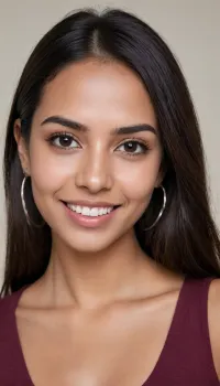 A realistic, high-resolution portrait of a young South Asian woman in her mid-20s, with warm medium-tan skin tones and a radiant, friendly smile showing straight white teeth. She has distinct, dark, large almond-shaped eyes with subtle winged eyeliner, neatly defined and slightly arched dark eyebrows, and a small silver hoop nose ring on her left nostril. Her face is an soft oval shape with gentle, high cheekbones. She has long, straight, dark brown to black hair parted slightly to the side, draped over her shoulders. The photo is a close-up selfie angle with natural lighting, captured on a high-end camera, highly detailed skin texture, photorealistic.

Key Features Explained, (To tweak as needed), If you want to place this face into different scenarios or outfits, you can keep the core facial description from the prompt above and change the clothing or background. Here are the specific traits captured from "Screenshot 2026-06-03 031337.jpg", Facial Structure, Soft oval face, gentle chin, prominent smiling cheeks.

Eyes & Brows, Large dark-brown almond eyes, winged eyeliner, soft natural arch eyebrows.

Nose, Softly defined bridge, equipped with a distinct silver hoop nose ring on the left side.

Expression, A wide, genuine, toothy smile.

Hair, Very long, dark hair falling naturally over her left shoulder.
