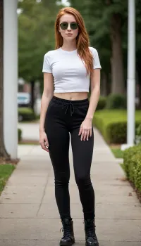a full body shot, she is a college girl. she has a tall stature and her build would best be described as lean. she has olive skin and green eyes, and her mid-back length ginger hair is swept to the side.

she has large breasts and a plump butt.

her most distinguishing features are your sharp nose, captivating smile, and freckled face.

her right nostril is pierced with a small silver stud.

She is wearing a black sweatsuit, a white t-shirt, black jeans, black combat boots, black sunglasses, and a black beanie.