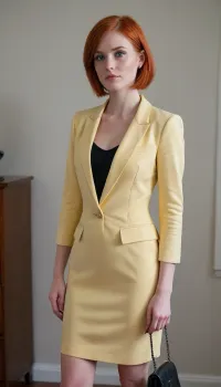She is a college girl. She has an average-height stature and her build would best be described as lithe. She has beige skin and blue eyes, and her very short red hair is in a neatly trimmed crew cut.

She has perky breasts and a modest butt.

Her most distinguishing feature is her heavy-lidded eyes. Her fashion sense would best be described as business casual.

She is wearing a yellow knee-length double breasted blazer dress, black and black stiletto heels, and a gold mini purse.