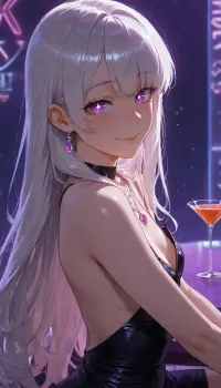 human, cocktail bar, mature, date, neon lights, dark ambient, blue ambient, purple ambient, sitting at table, smile, (sparkling eyes:1.2), smooth hair, glowing eye, (close-up:.8), beautiful tight black dress, slim body, gentle eyes, purple eyes, white hair, pretty heart necklace, earrings, hair bound up, long side bangs, (small chest size), (side view), innerboob, sideboob