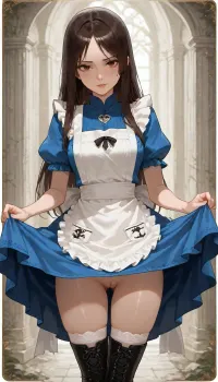 Alice Liddell, (Alice from Alice Madness returns), (American McGee Alice game series), Alice appearance, (Alice overall appearance), Alice hair, Alice eyes, Alice has straight, dark auburn hair that it cut just past the shoulder, which has a center parting and no fringe.
She wears a navy blue dress with short puffy sleeves, a fanned-out skirt that is cut to about mid-leg and a skull called Hollow Yves decorated with a white bow and ribbon. To complete the outfit, Alice wears a simple white apron over the dress, black-and-white stockings underneath, and black knee-high boots which are secured with silver buckles.
Her outfit sports astronomical symbols on the apron pockets, although they are depicted inconsistently throughout artwork and in-game models. In the remaster of American McGee's Alice, her in-game dress symbols are ♁, (Eris), and ♃, (Jupiter), like Madness Returns. She wears a silver necklace of the Greek letter Omega, Ω. Blood can be seen splattered over her apron and skirt.
She is 22 years old, Alice body, (Alice body proportions), beatiful body, nude from the bottom, (vagina), (shaved pussy), She is lifting up her dress and showing her pussy, looking at viewer, Completely white background, professional image, very detailed image, 4K image