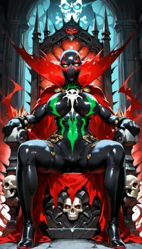 (("The Spawn")), Photorealistic epic scene of a dominant sexy female Spawn sitting on a dark gothic throne, genderbent version, incredibly seductive athletic body with large breasts and pronounced curves, extremely tight black symbiote suit with white emblem and red glowing details, sharp spikes everywhere, heavy chains across body, long torn red cape draped over throne, full demonic mask with glowing white-green eyes, no hair, powerful and regal sitting pose, green hellfire energy in background, skulls and chains around throne, dark dramatic lighting, ultra detailed, menacing and erotic atmosphere, 8k, cinematic horror