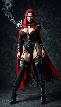 (("The Spawn")), Photorealistic ultra-detailed cinematic image of a powerful seductive female Spawn, genderbent version, athletic voluptuous body with large breasts, narrow waist and wide hips, wearing an extremely tight glossy black symbiote suit that clings to every curve, white skull emblem on chest, red glowing vein-like patterns, sharp spikes on shoulders, forearms, thighs and boots, heavy metal chains wrapped around torso and arms, long torn flowing red cape with spikes, full black and white demonic mask with glowing white eyes, no hair visible, standing in powerful pose, intense green hellish energy and smoke swirling behind her, dark dramatic lighting, ultra realistic skin texture on exposed parts, menacing atmosphere, 8k, photorealistic, intricate details, dark erotic horror style